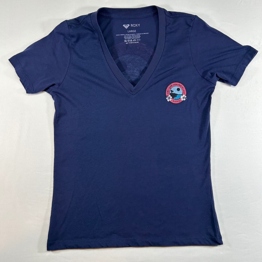 Roxy Womens Large Navy Blue V-Neck T-Shirt Let‎ The Waves Flow Tropical Graphic